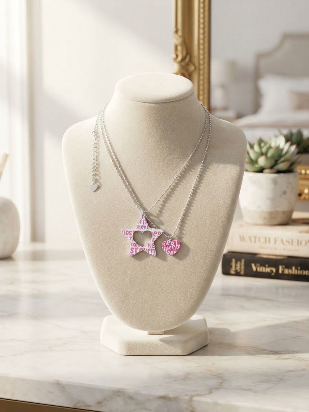 Kids Best Friends Pink Star and Heart Split Pendant Necklace Set